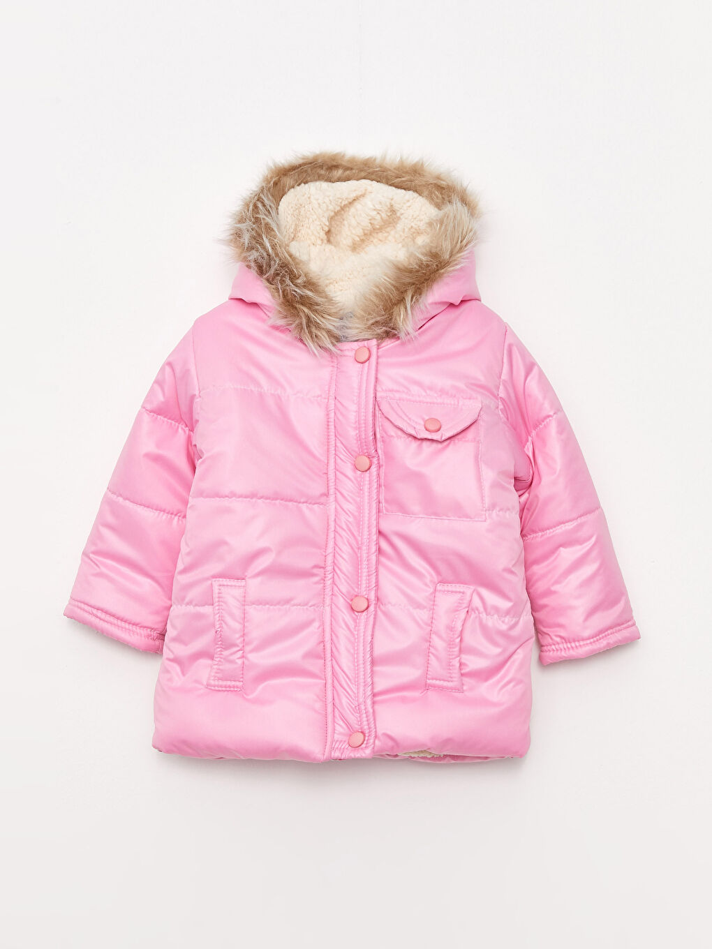 Pembe Kapüşonlu Uzun Kollu Basic Unisex Bebek Mont ve Tulum 2'li Takım-1