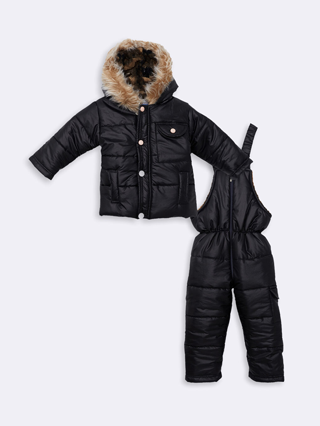 Siyah Kapüşonlu Uzun Kollu Basic Unisex Bebek Mont ve Tulum 2'li Takım