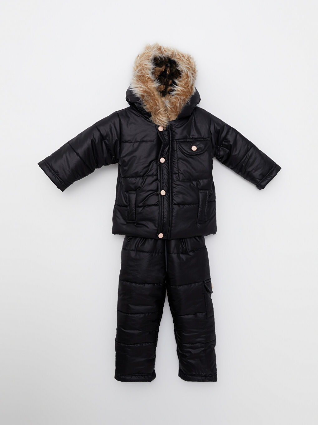 Siyah Kapüşonlu Uzun Kollu Basic Unisex Bebek Mont ve Tulum 2'li Takım-1