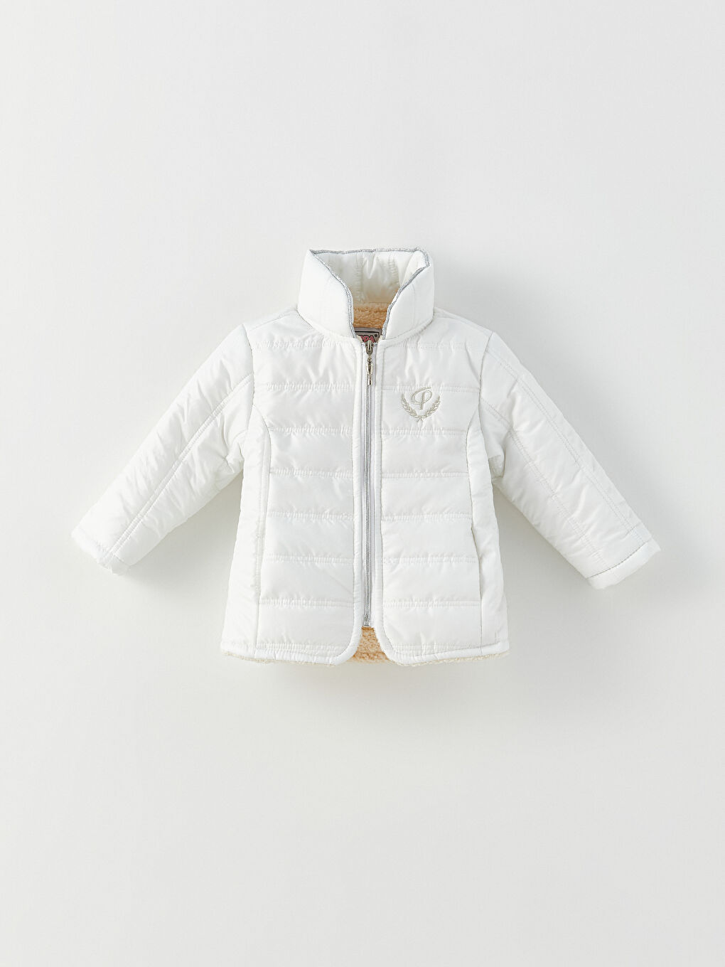 Beyaz Dik Yaka Uzun Kollu Kız Bebek Mont