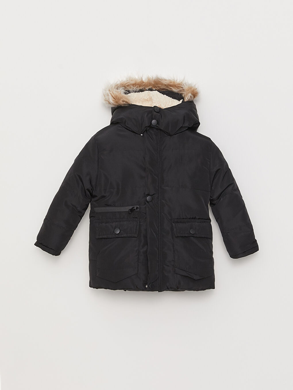 Siyah Kapüşonlu Uzun Kollu Basic Erkek Bebek Mont