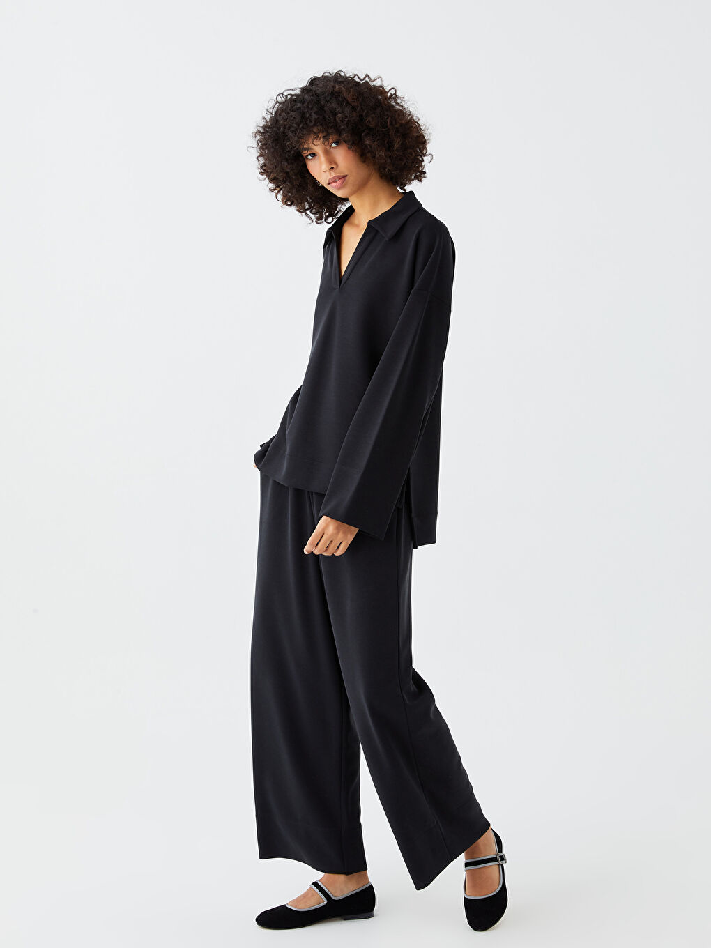 Siyah Beli Lastikli Düz Dalgıç Kumaş Kadın Pantolon