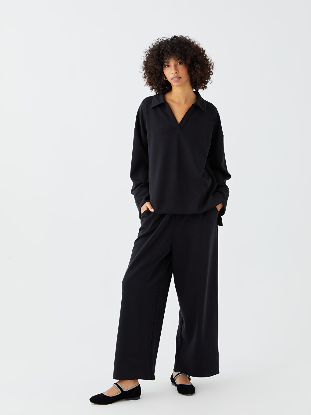 Siyah Beli Lastikli Düz Dalgıç Kumaş Kadın Pantolon-1