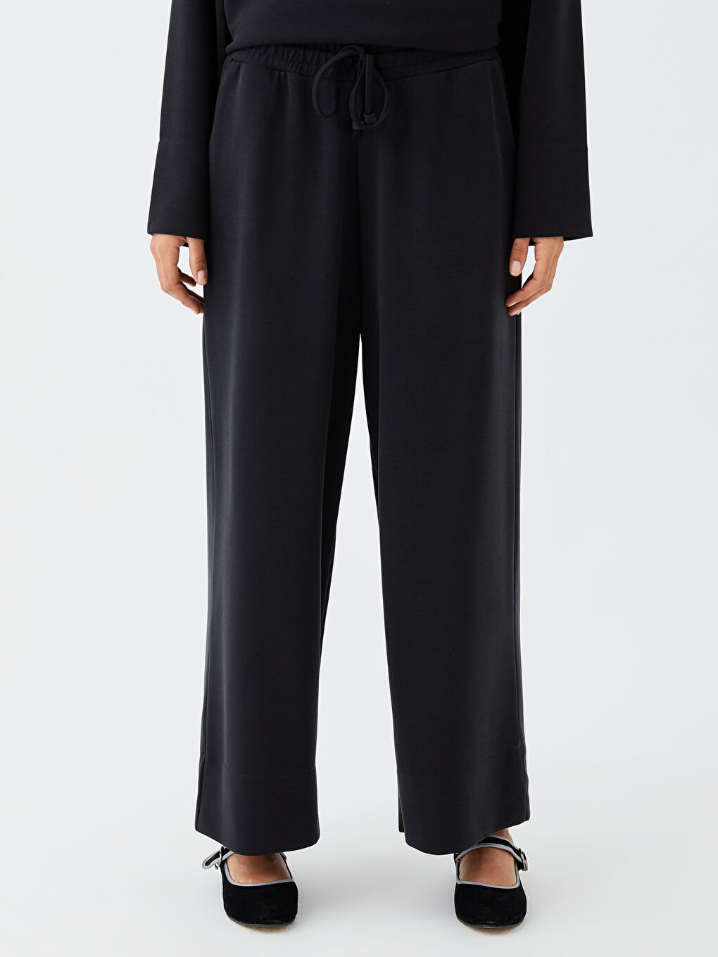 Siyah Beli Lastikli Düz Dalgıç Kumaş Kadın Pantolon-2