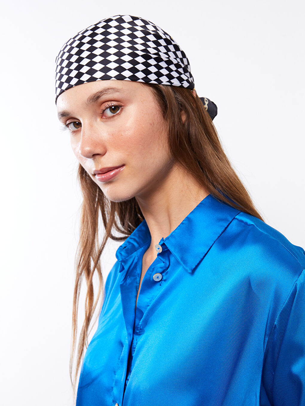 Beyaz Desenli Saten Kadın Bandana 2'li