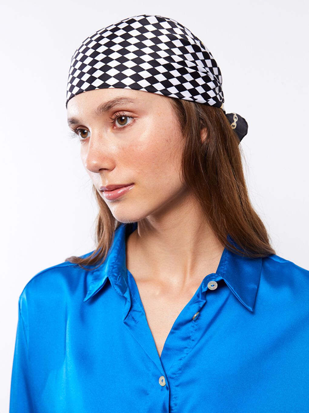 Beyaz Desenli Saten Kadın Bandana 2'li-1