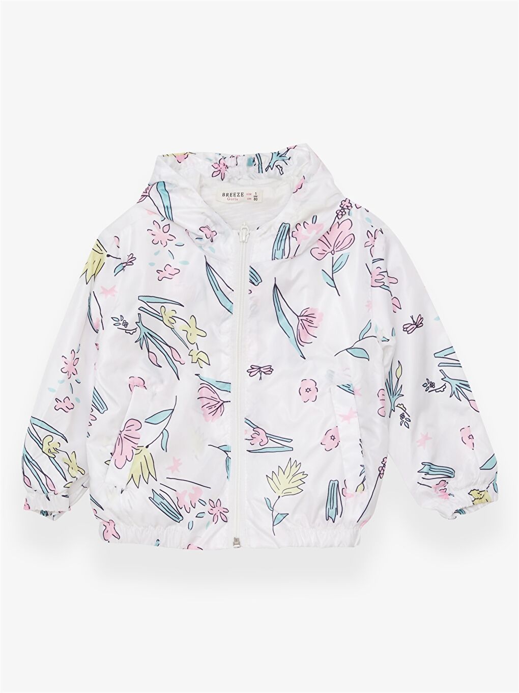 Beyaz Kapüşonlu Uzun Kollu Desenli Kız Bebek Yağmurluk