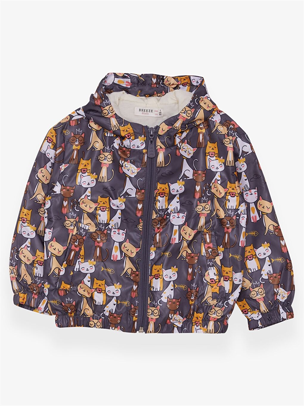 Antrasit Kapüşonlu Uzun Kollu Desenli Kız Bebek Yağmurluk