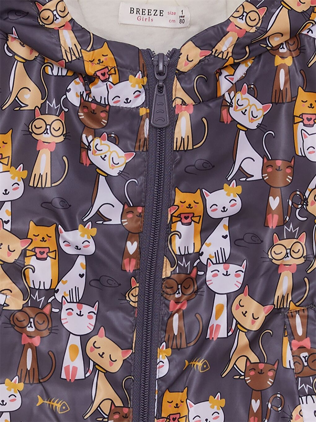 Antrasit Kapüşonlu Uzun Kollu Desenli Kız Bebek Yağmurluk-2