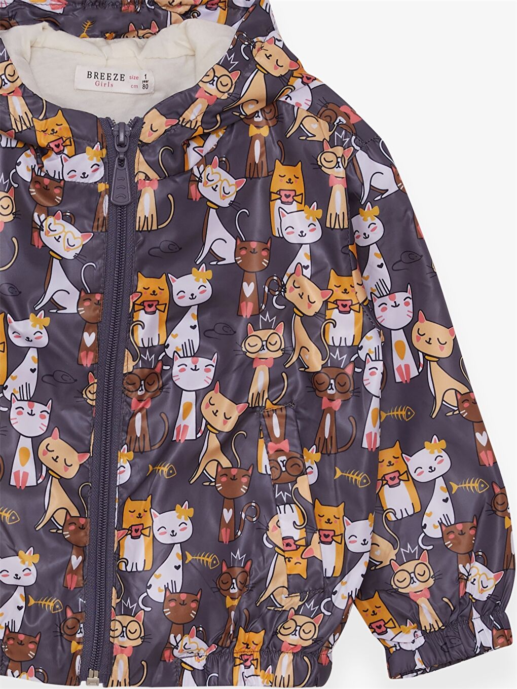 Antrasit Kapüşonlu Uzun Kollu Desenli Kız Bebek Yağmurluk-3