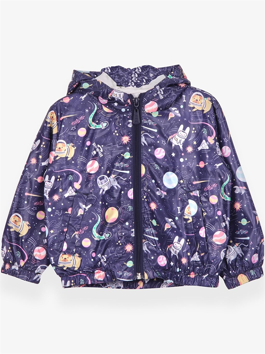 Mor Kapüşonlu Uzun Kollu Desenli Kız Bebek Yağmurluk