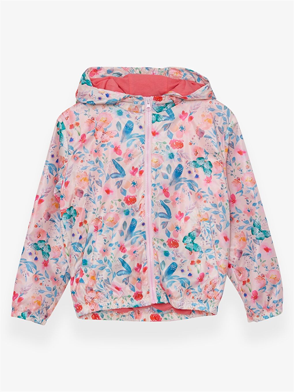 Pembe Kapüşonlu Baskılı Uzun Kollu Kız Çocuk Yağmurluk