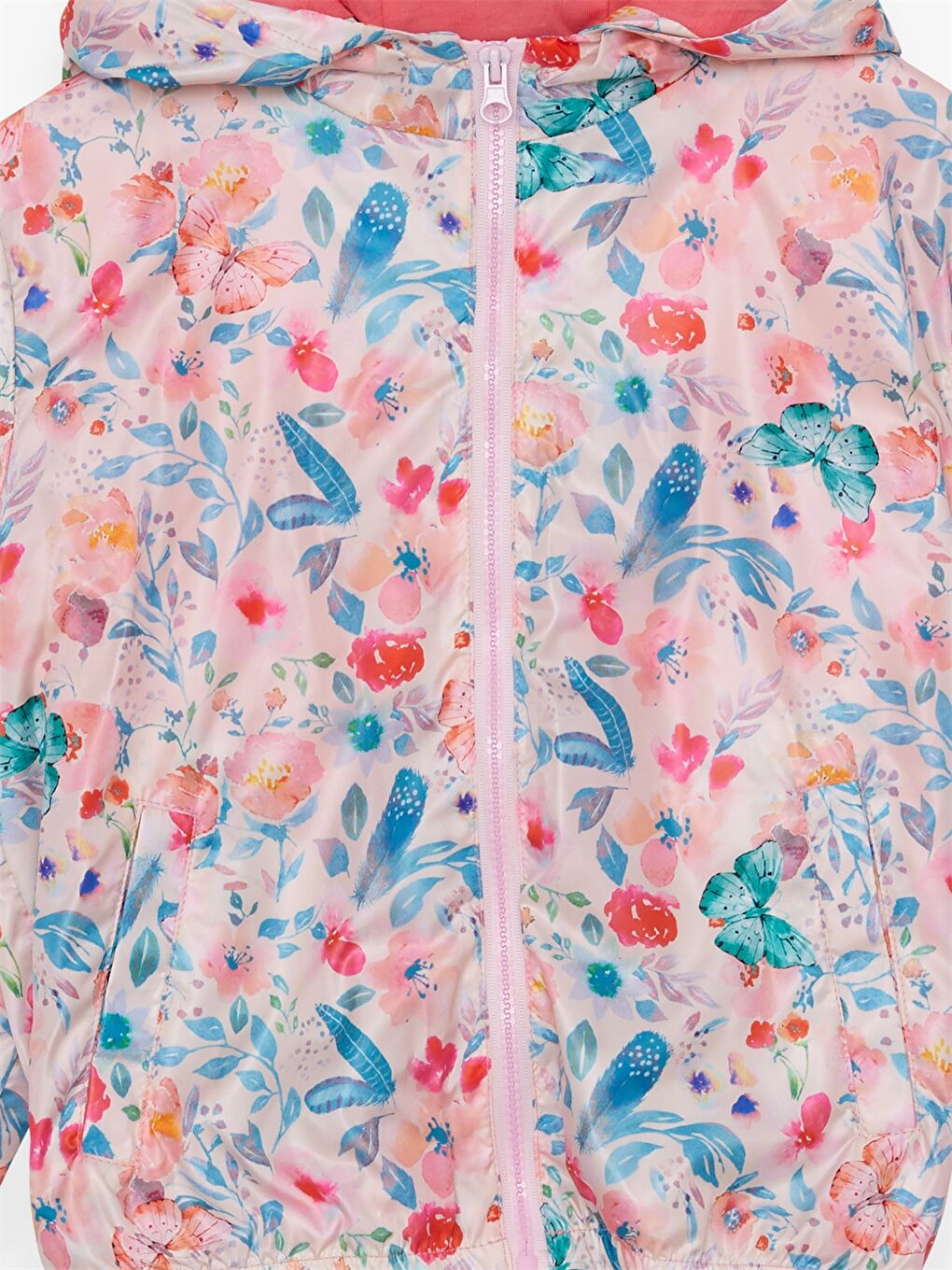 Pembe Kapüşonlu Baskılı Uzun Kollu Kız Çocuk Yağmurluk-2