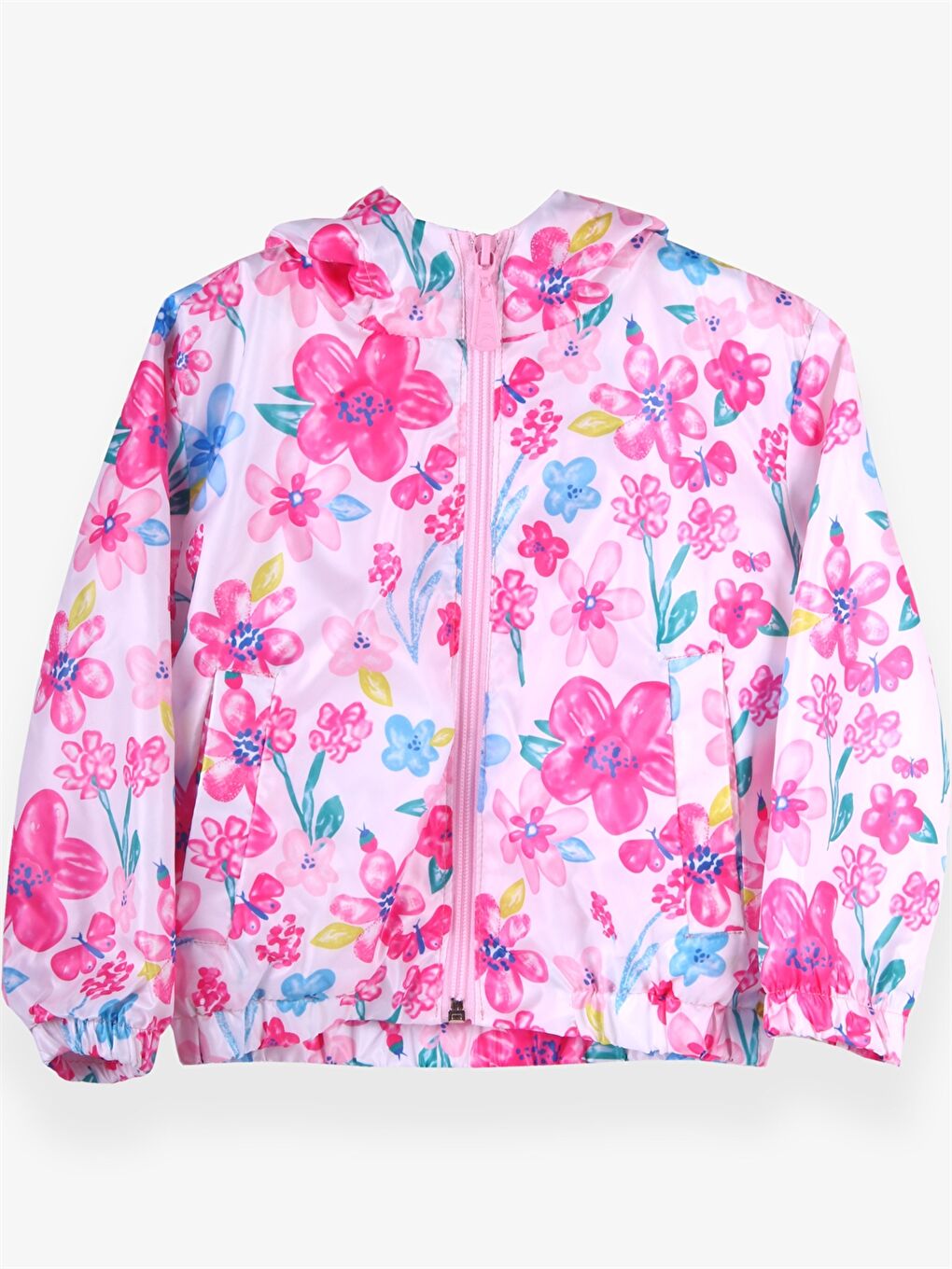 Beyaz Kapüşonlu Uzun Kollu Desenli Kız Bebek Yağmurluk