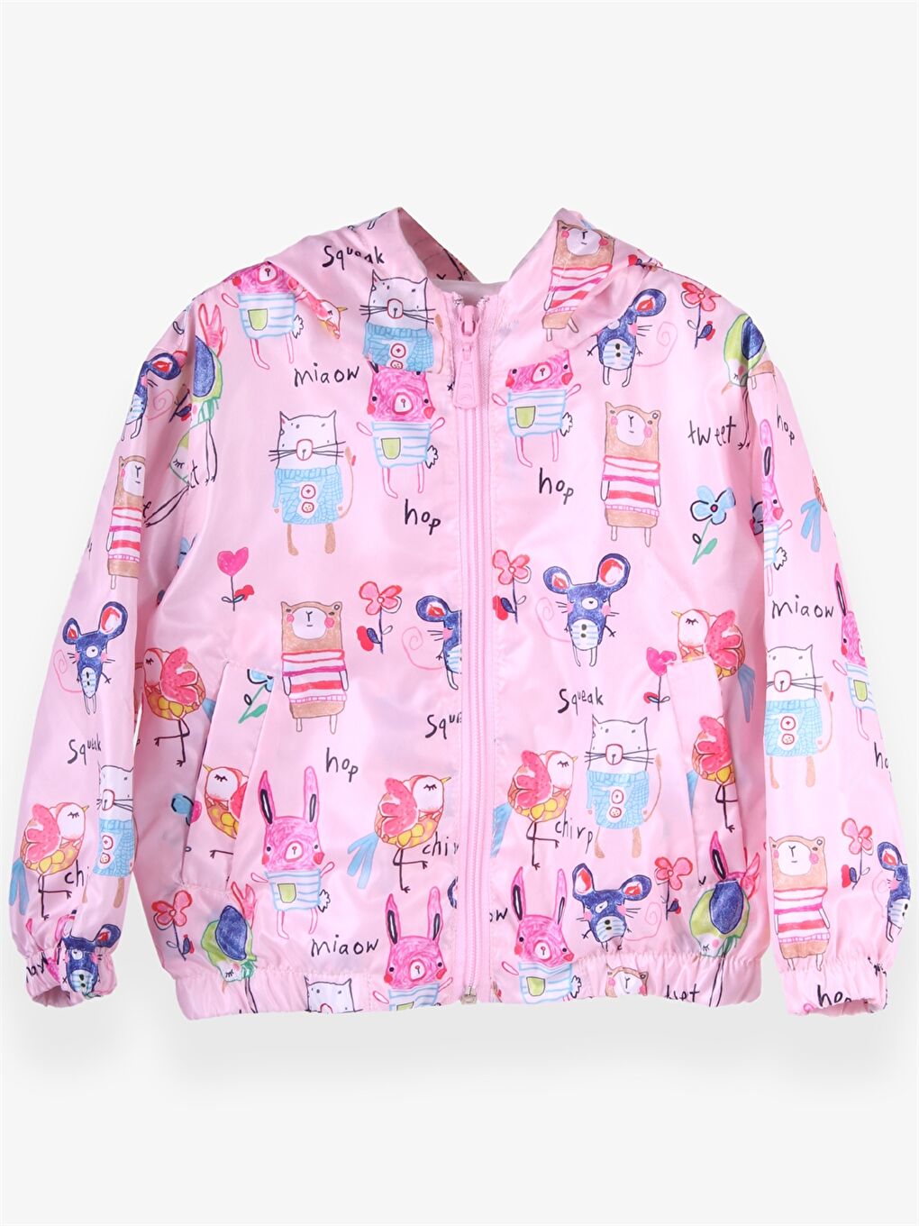 Pembe Kapüşonlu Uzun Kollu Desenli Kız Bebek Yağmurluk