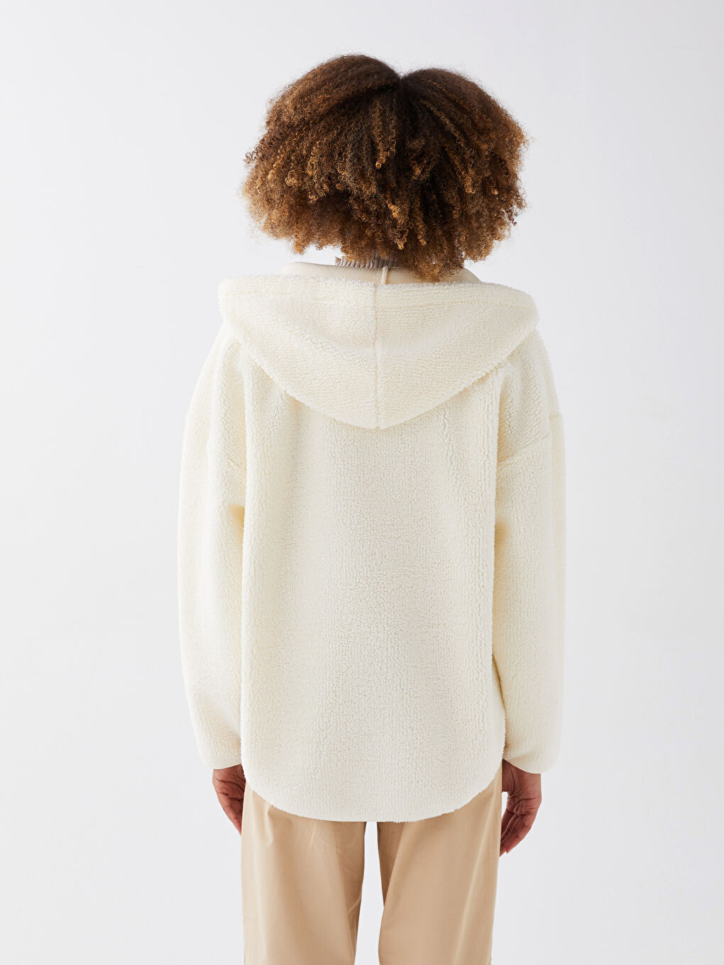 Ekru Kapüşonlu Düz Uzun Kollu Kadın Polar Sweatshirt-4