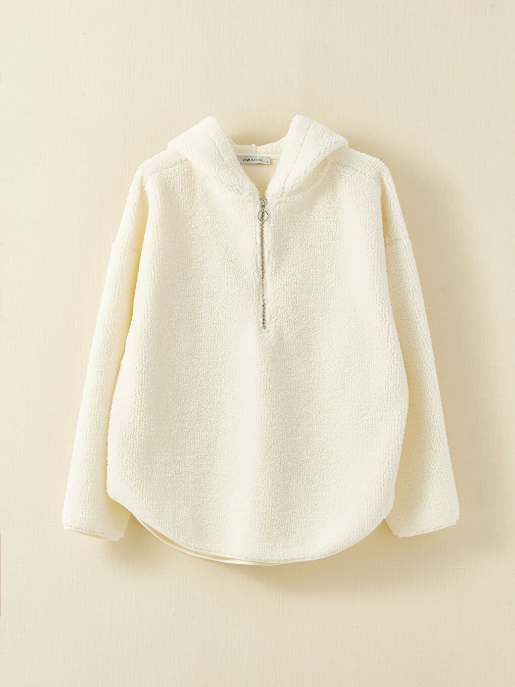 Ekru Kapüşonlu Düz Uzun Kollu Kadın Polar Sweatshirt-5