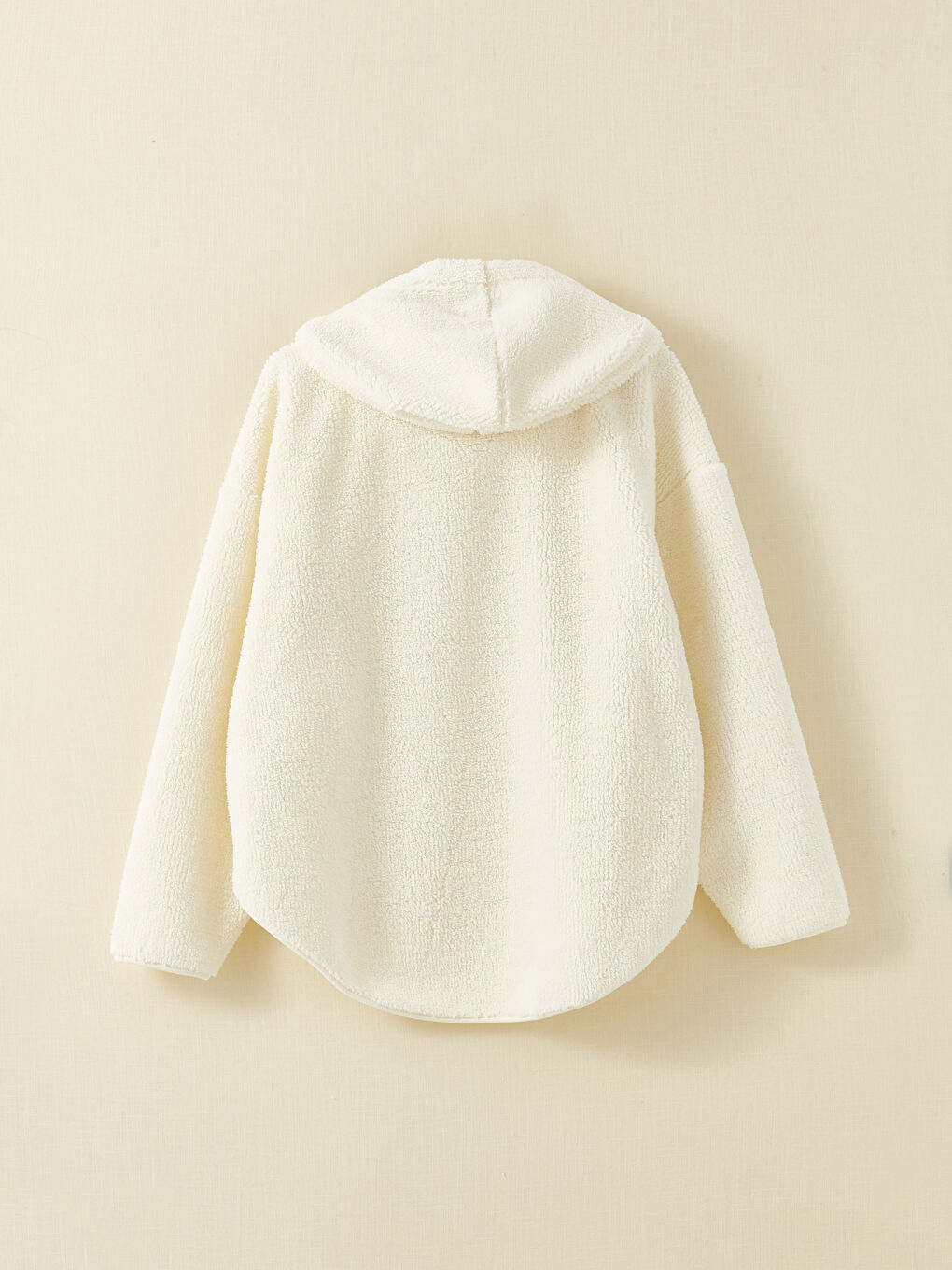 Ekru Kapüşonlu Düz Uzun Kollu Kadın Polar Sweatshirt-6