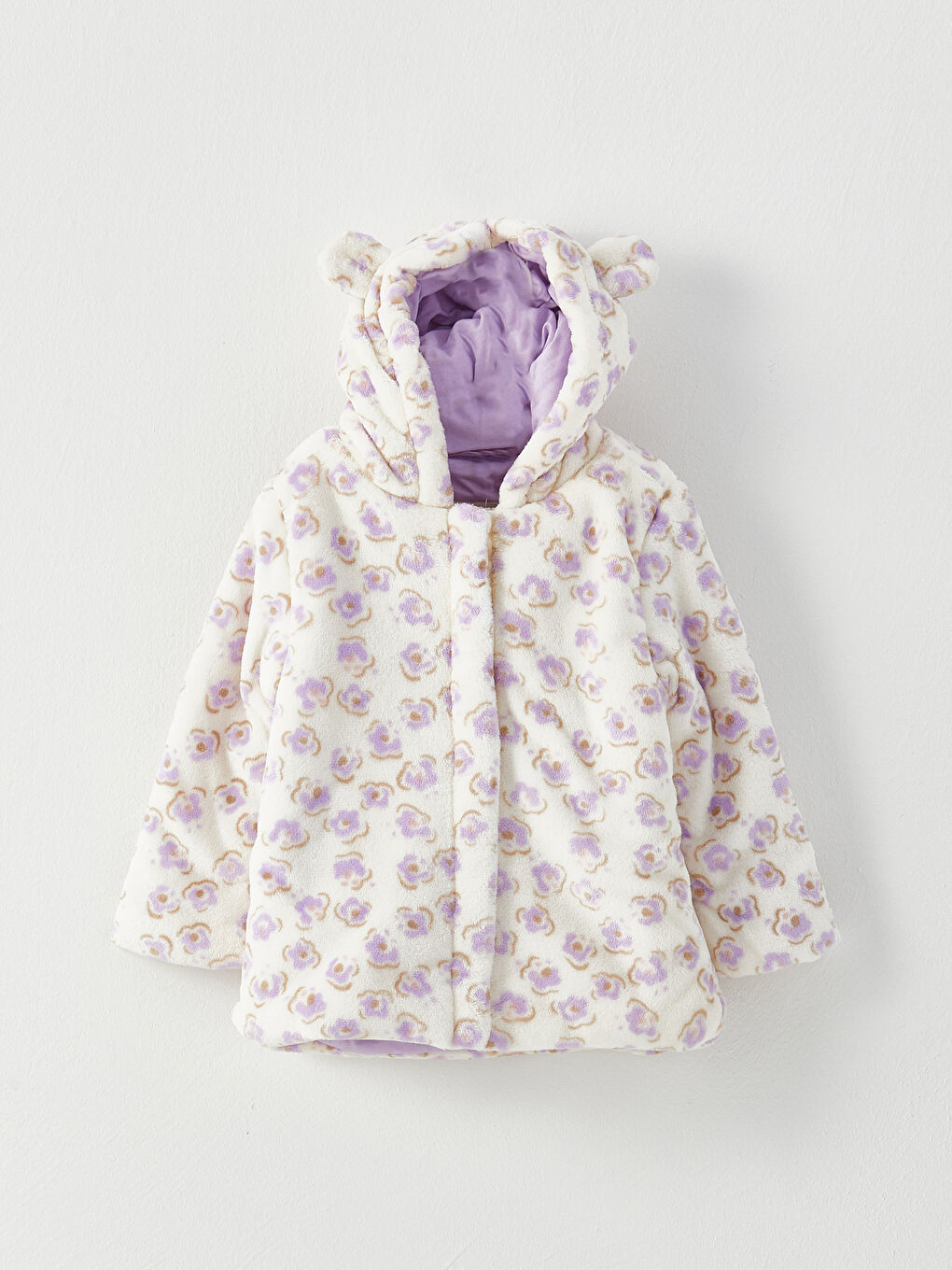 Hooded Long Sleeve Patterned Plush Baby Girl Coat-1