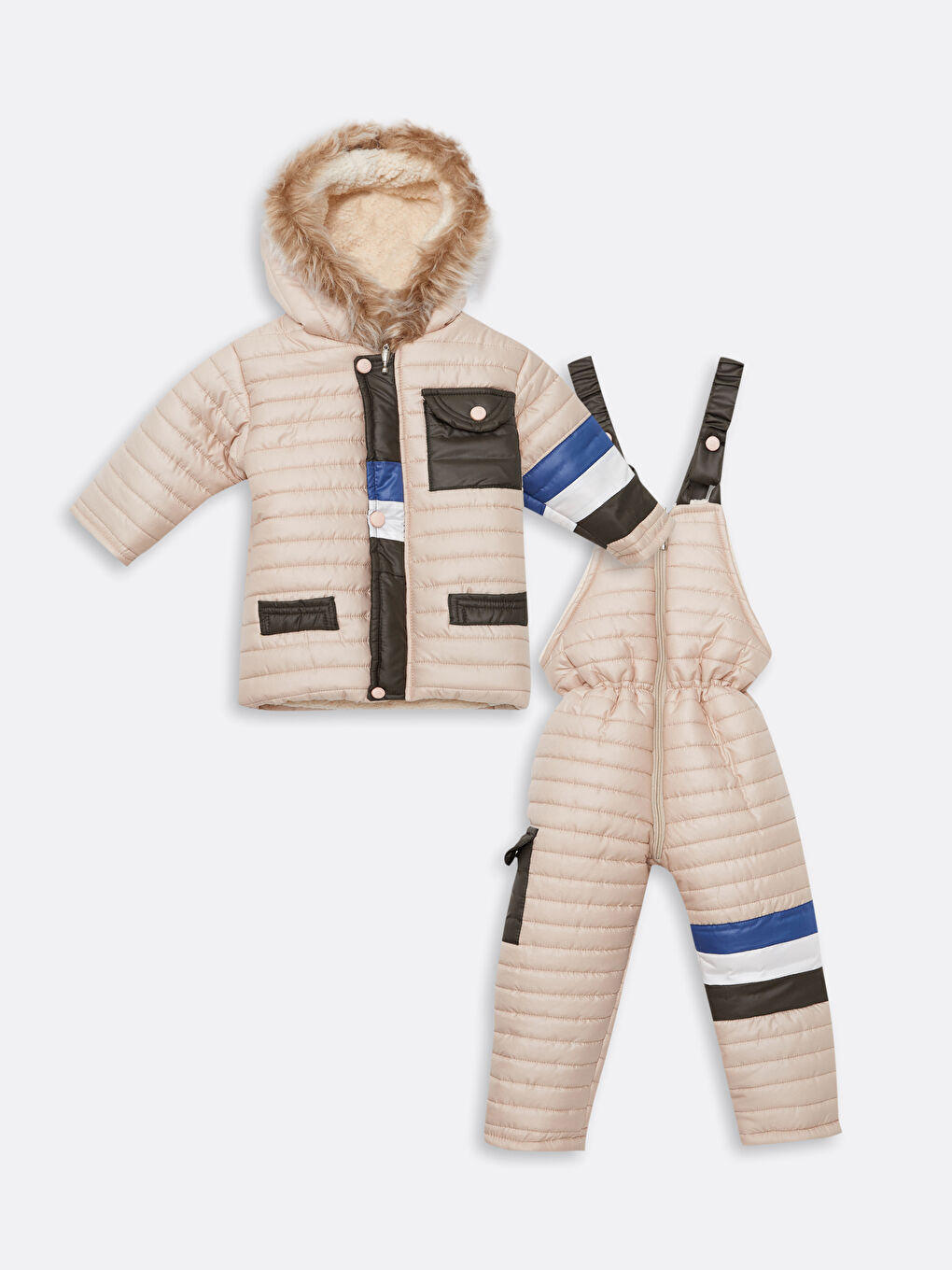 Hooded Long Sleeve Color Block Unisex Baby Coat and Jumpsuit 2-Pack