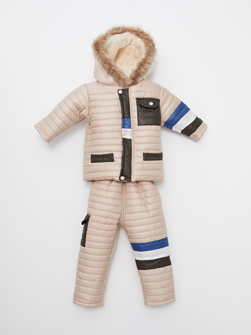 Hooded Long Sleeve Color Block Unisex Baby Coat and Jumpsuit 2-Pack-1