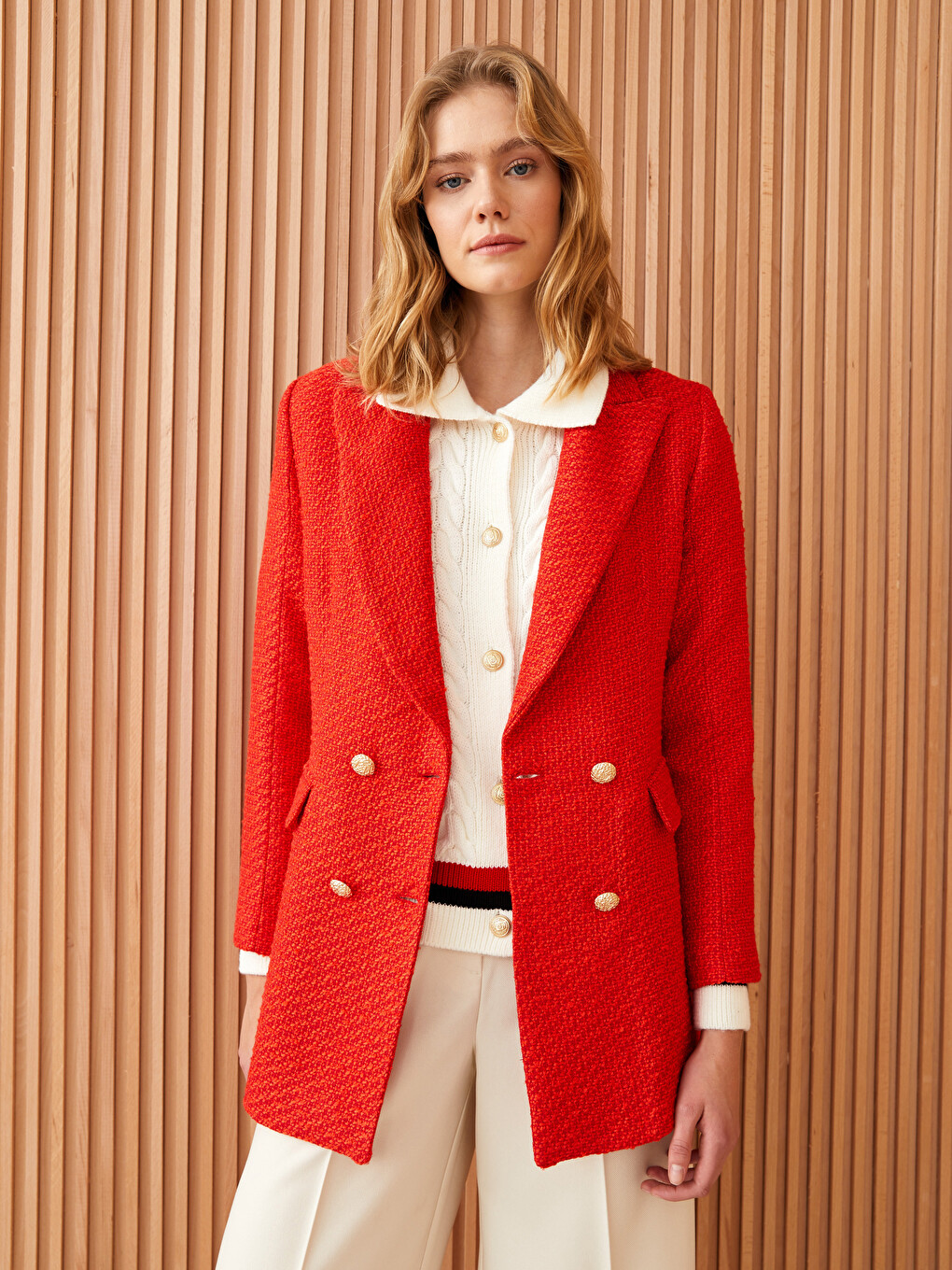 Kırmızı Düz Uzun Kollu Kadın Tüvit Blazer Ceket
