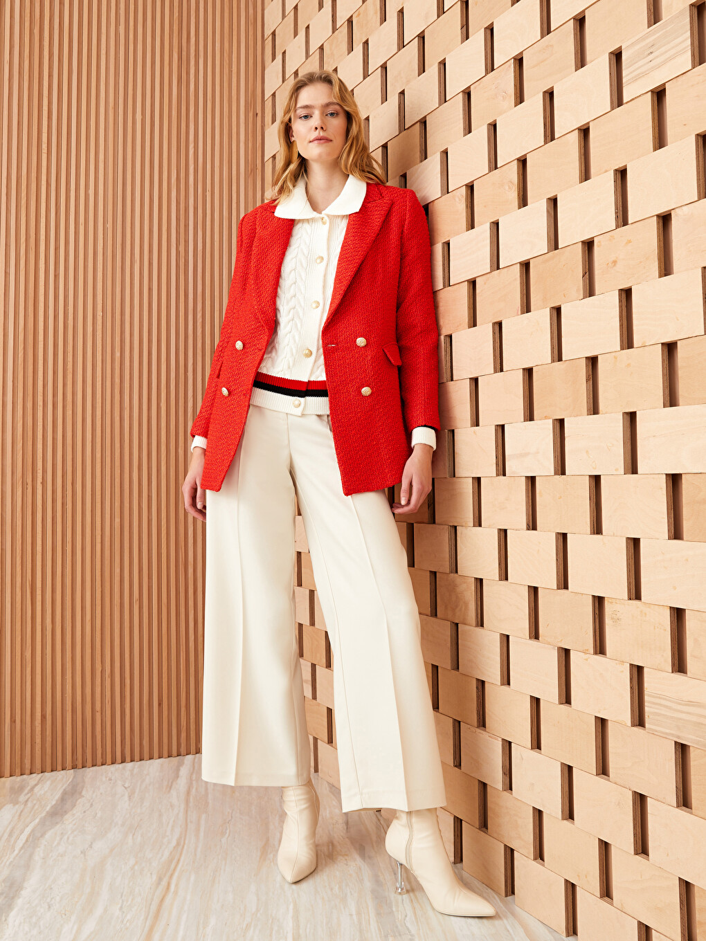 Kırmızı Düz Uzun Kollu Kadın Tüvit Blazer Ceket-1