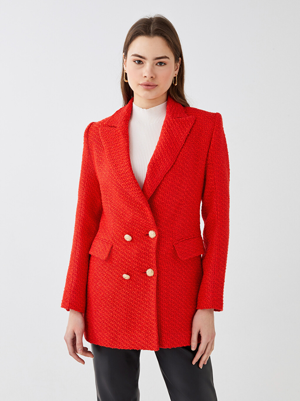 Kırmızı Düz Uzun Kollu Kadın Tüvit Blazer Ceket-3