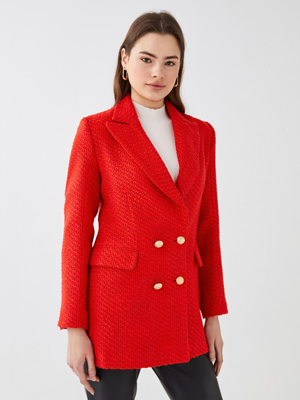 Kırmızı Düz Uzun Kollu Kadın Tüvit Blazer Ceket-4