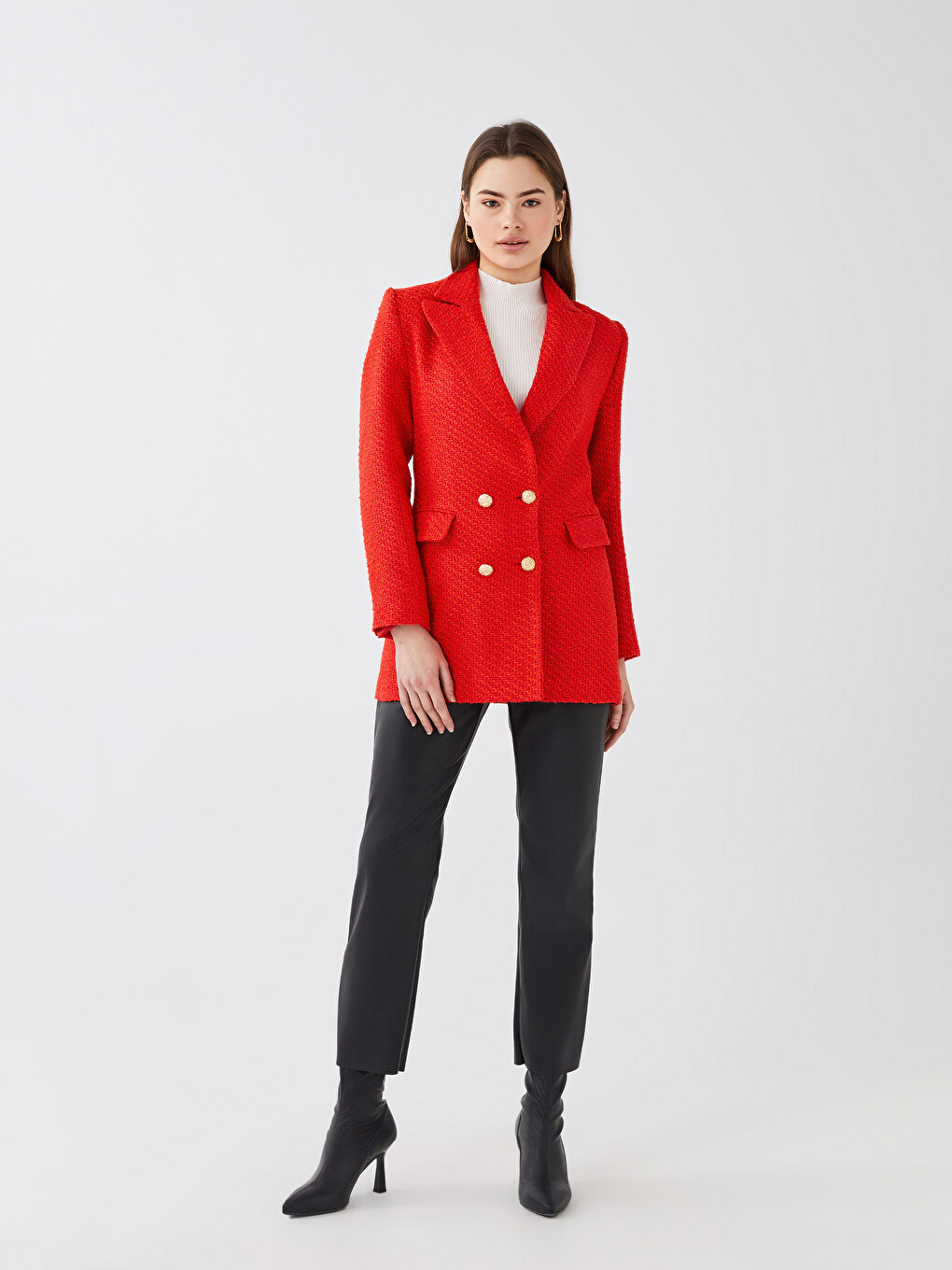 Kırmızı Düz Uzun Kollu Kadın Tüvit Blazer Ceket-5