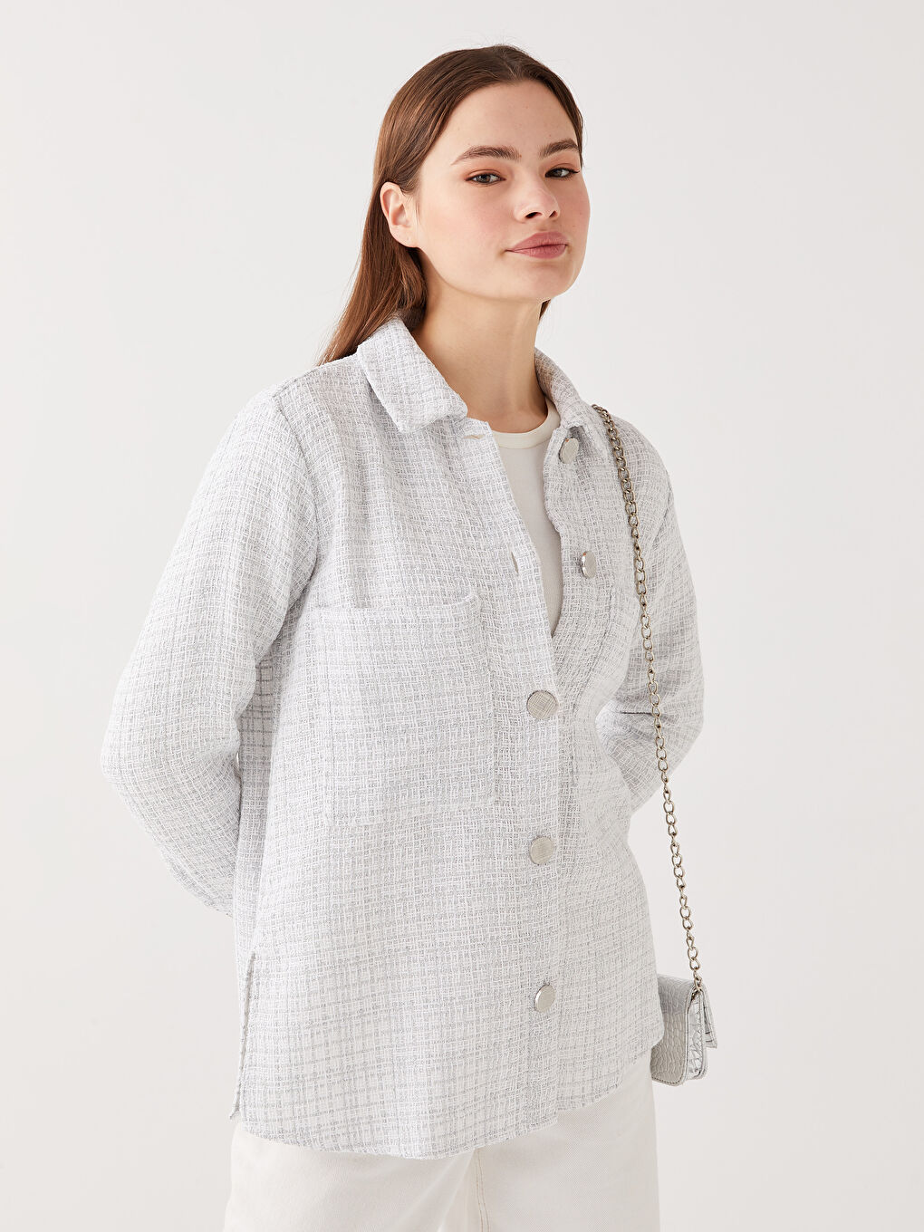 Ekru Kendinden Desenli Uzun Kollu Kadın Gömlek Tunik