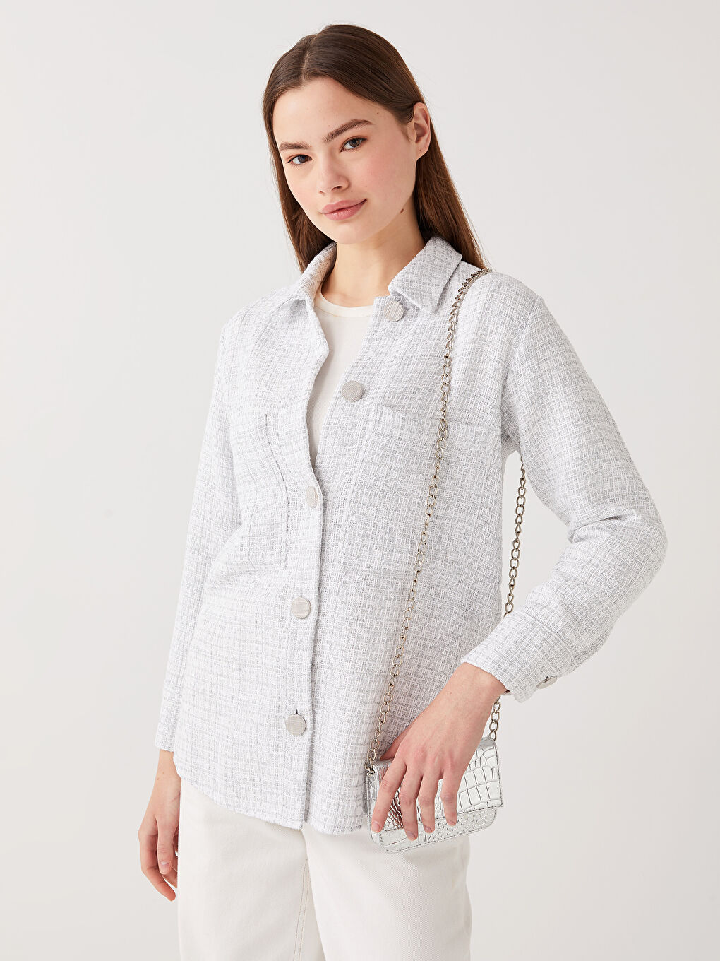 Ekru Kendinden Desenli Uzun Kollu Kadın Gömlek Tunik-1