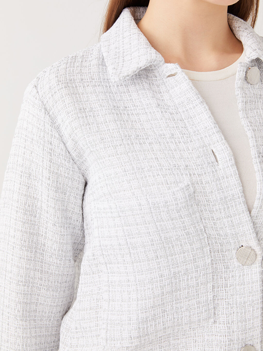 Ekru Kendinden Desenli Uzun Kollu Kadın Gömlek Tunik-3