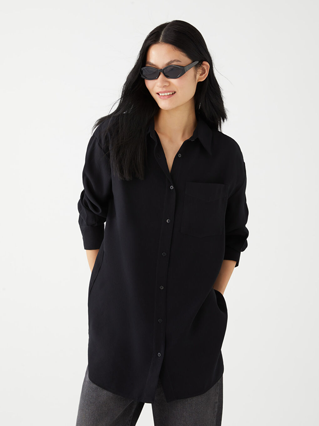 قميص تونيك سادة كم طويل واسع للسيدات