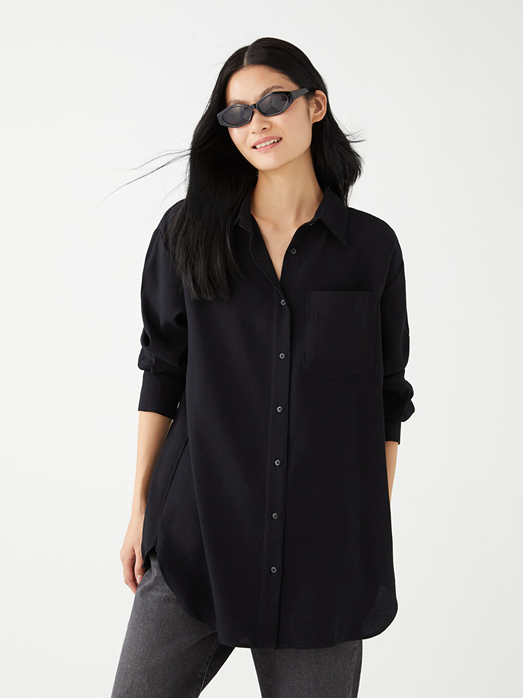 قميص تونيك سادة كم طويل واسع للسيدات-1