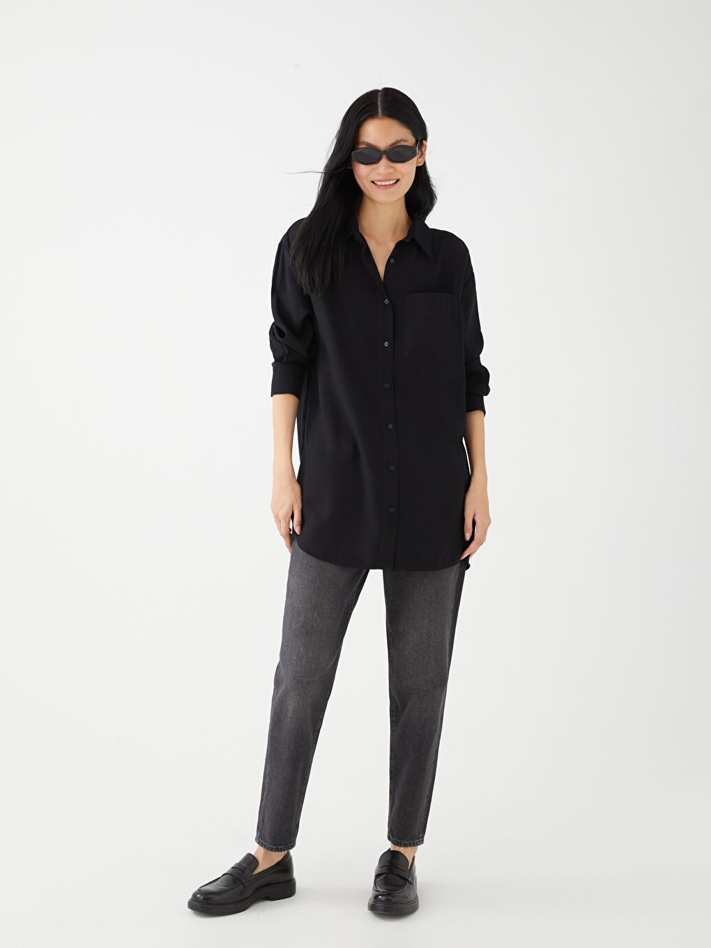 قميص تونيك سادة كم طويل واسع للسيدات-2