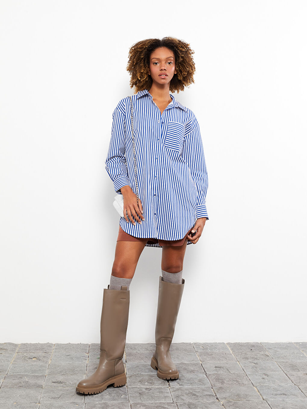 Lacivert Çizgili Oversize Kadın Gömlek Tunik-1