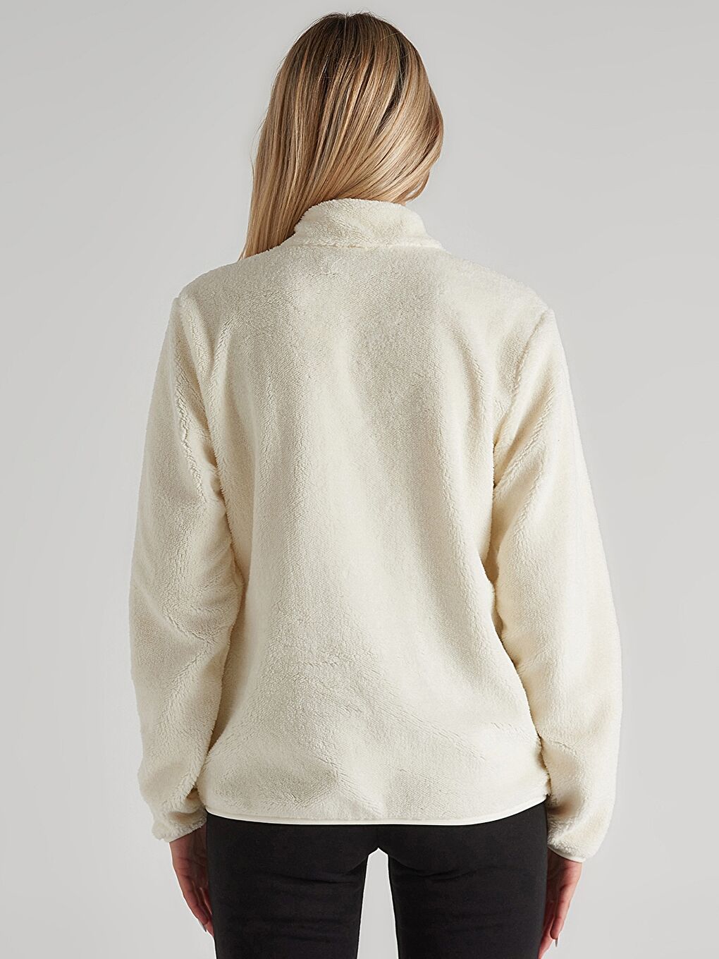 Ekru Dik Yaka Nakışlı Uzun Kollu Polar Kadın Spor Hırka-4