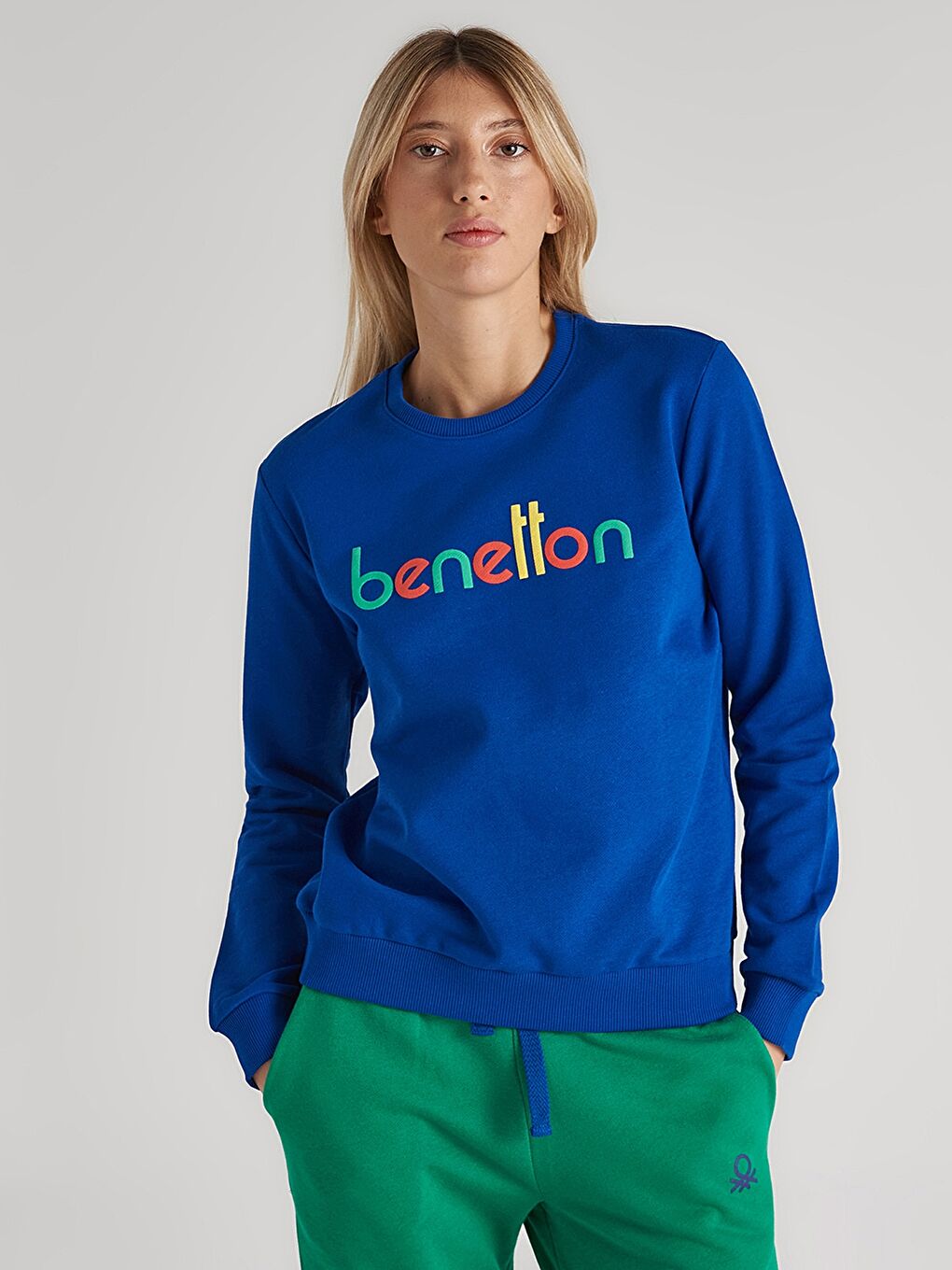 United Colors Of Benetton Mavi Bisiklet Yaka Baskılı Uzun Kollu Kadın Sweatshirt - 1