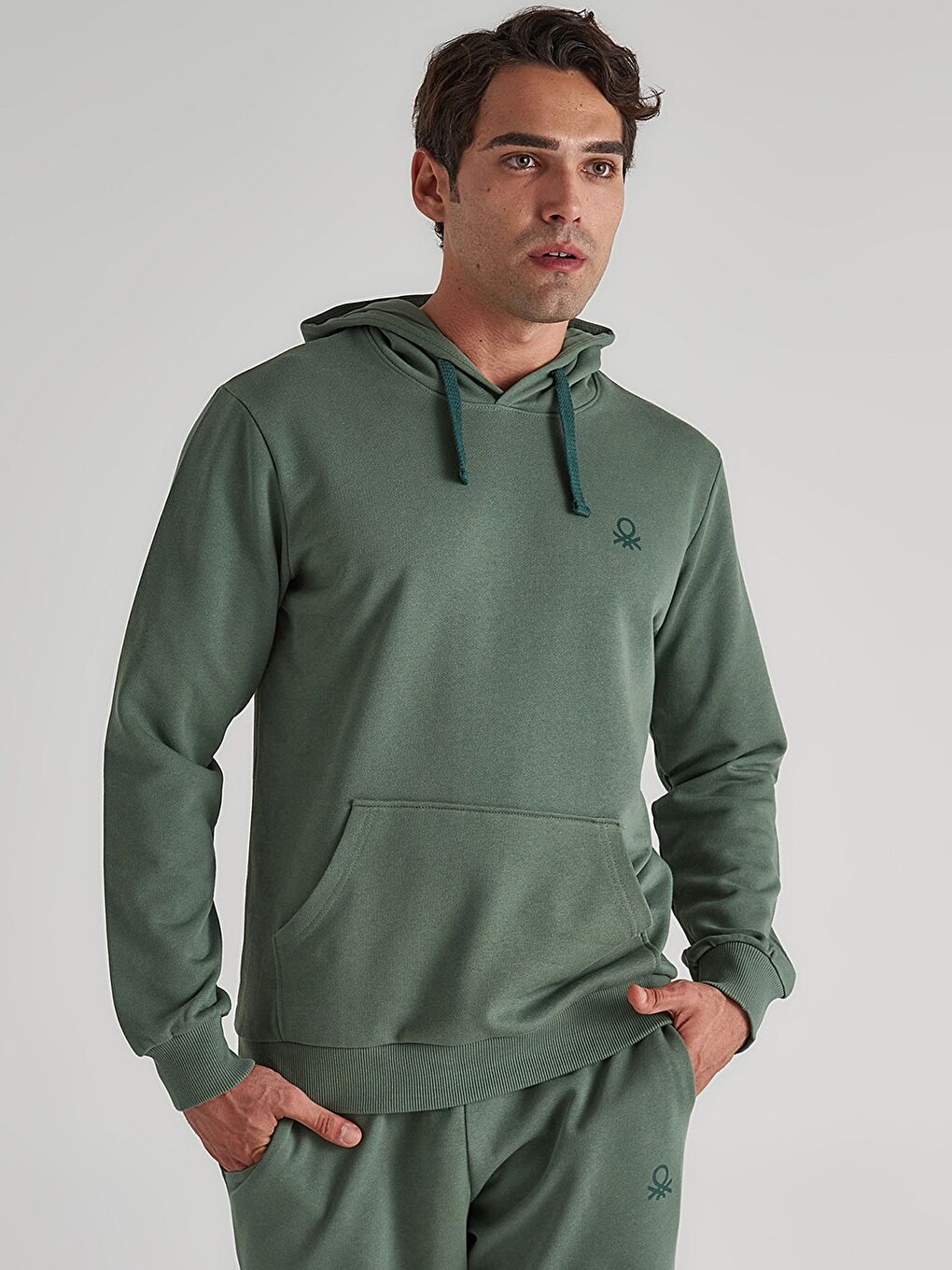 Haki Uzun Kollu Baskılı Erkek Hoodie-2