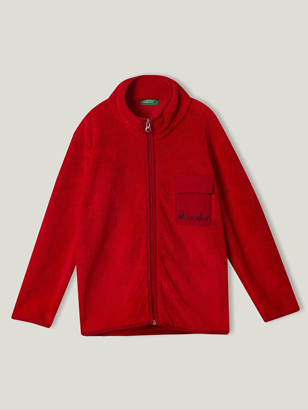United Colors Of Benetton Kirmizi Dik Yaka Baskılı Uzun Kollu Pelüş Erkek Çocuk Fermuarlı Sweatshirt
