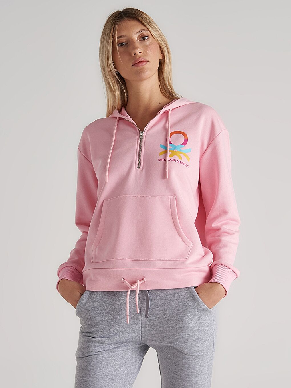 United Colors Of Benetton Pembe Kapüşonlu Baskılı Uzun Kollu Kadın Sweatshirt - 1