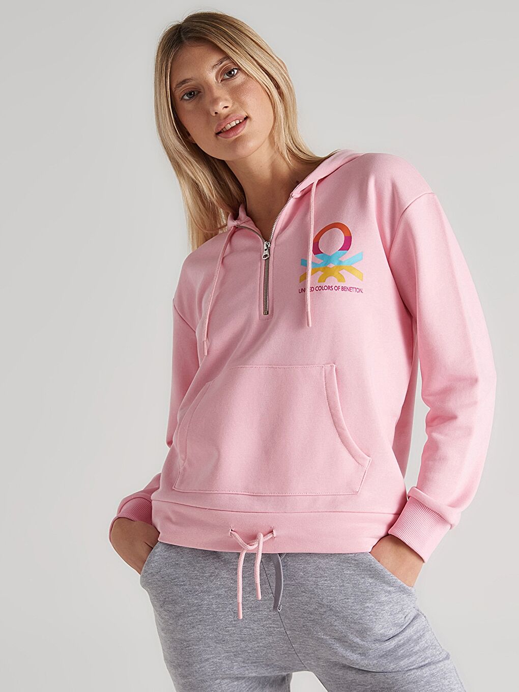 United Colors Of Benetton Pembe Kapüşonlu Baskılı Uzun Kollu Kadın Sweatshirt - 2