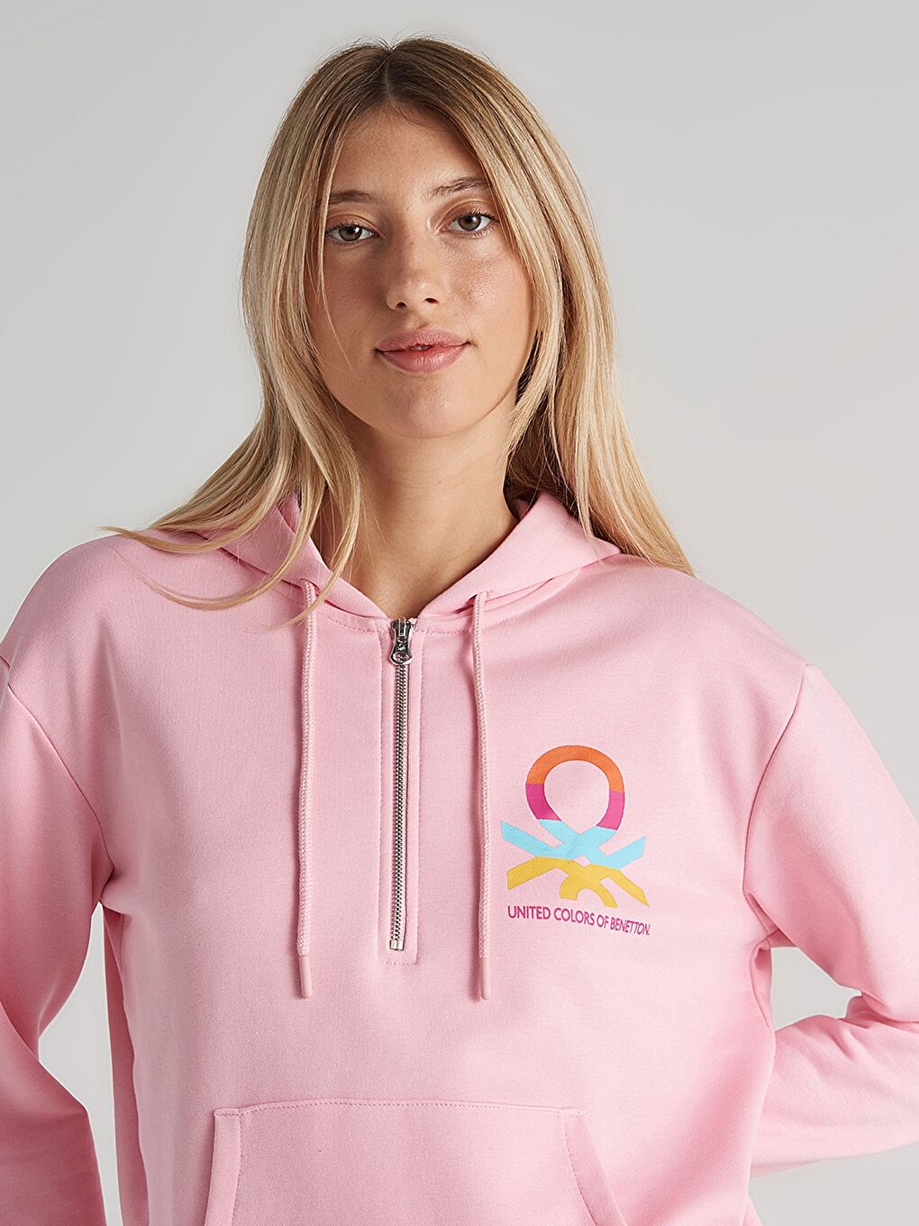 United Colors Of Benetton Pembe Kapüşonlu Baskılı Uzun Kollu Kadın Sweatshirt - 3