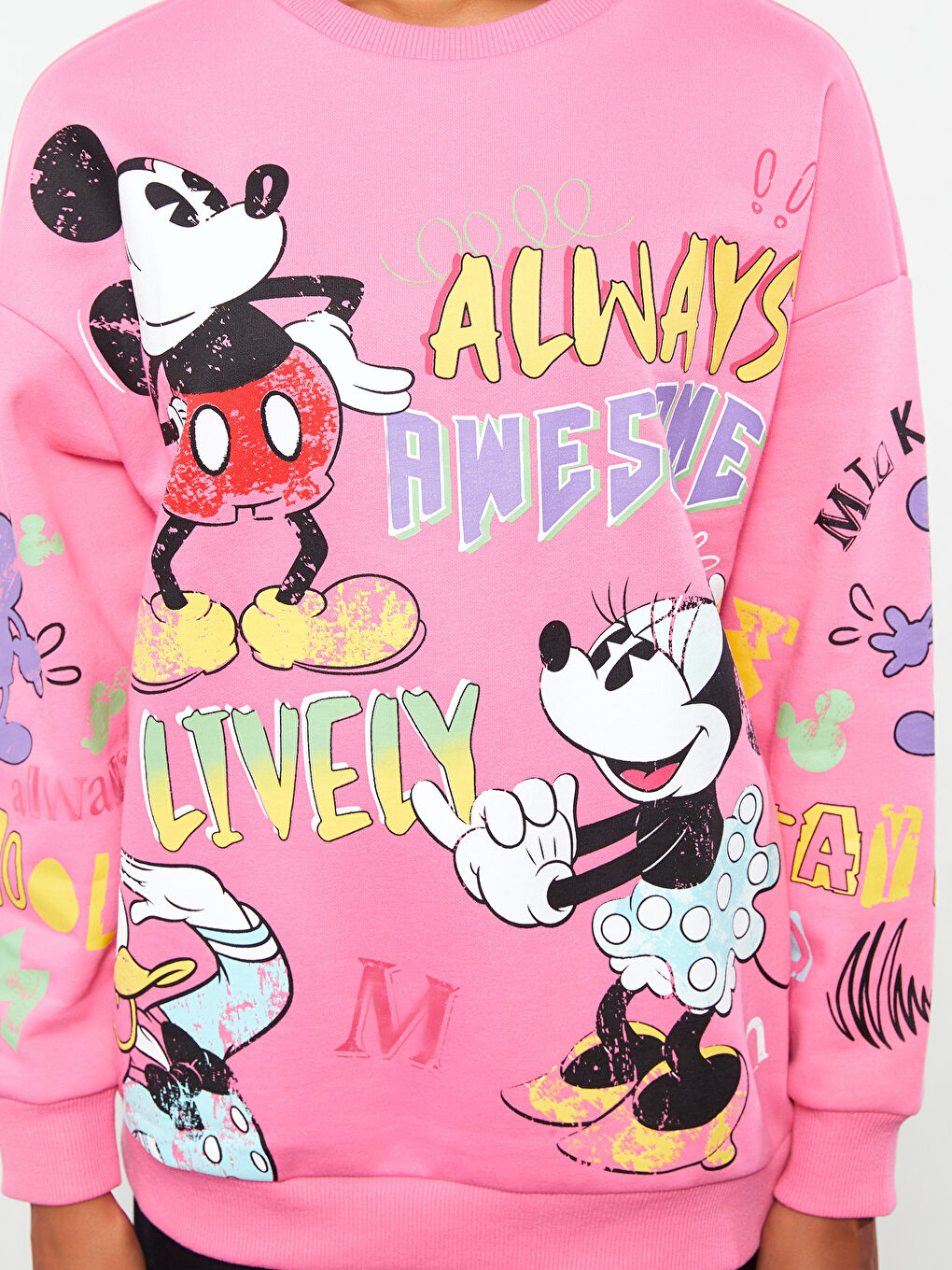 Pembe Bisiklet Yaka Mickey ve Arkadaşları Baskılı Kadın Kalın Sweatshirt-3