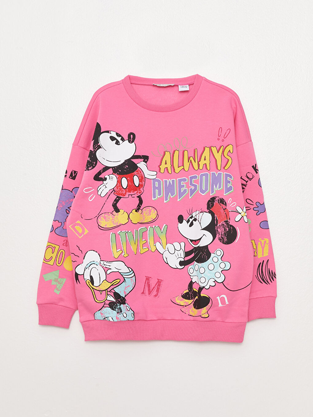 Pembe Bisiklet Yaka Mickey ve Arkadaşları Baskılı Kadın Kalın Sweatshirt-5