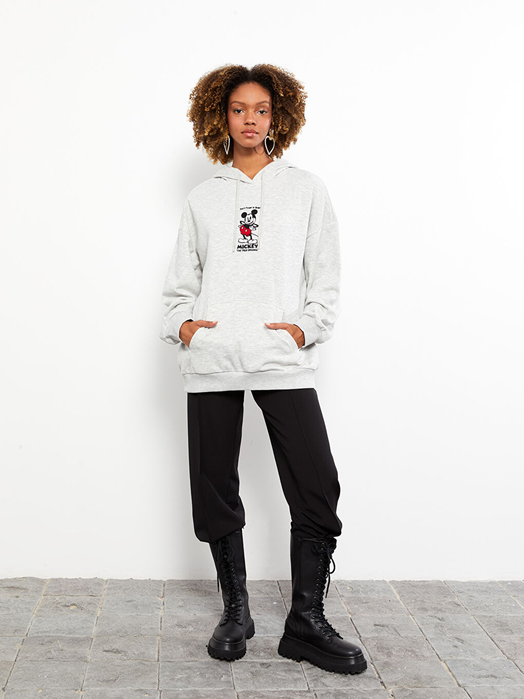 Hooded Mickey Mouse Printed Oversize Women's Thick Sweatshirt-2