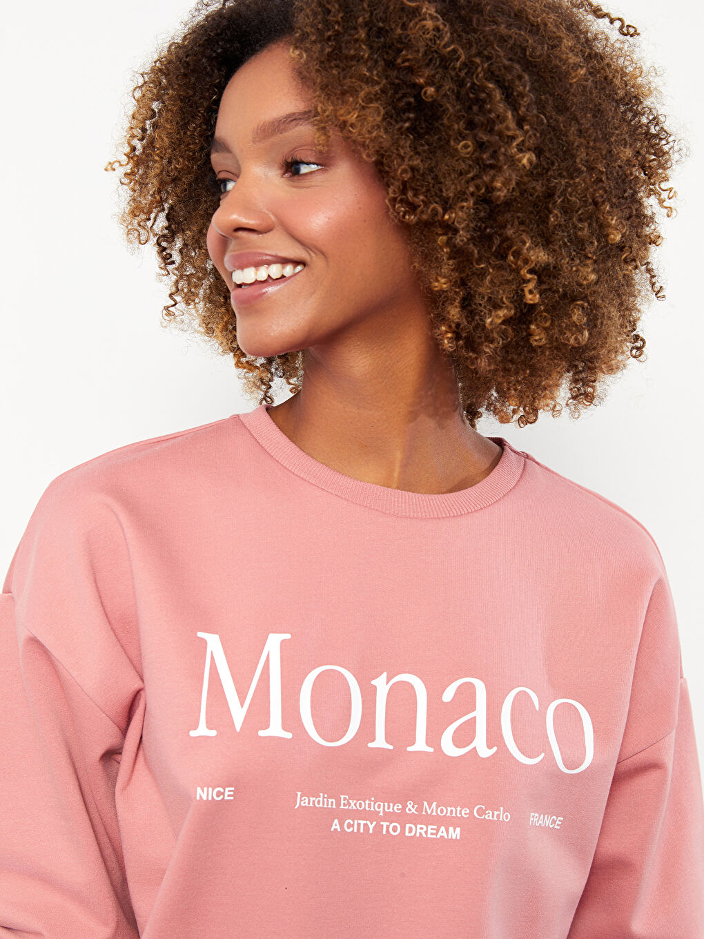 Pembe Bisiklet Yaka Baskılı Uzun Kollu Kadın Sweatshirt