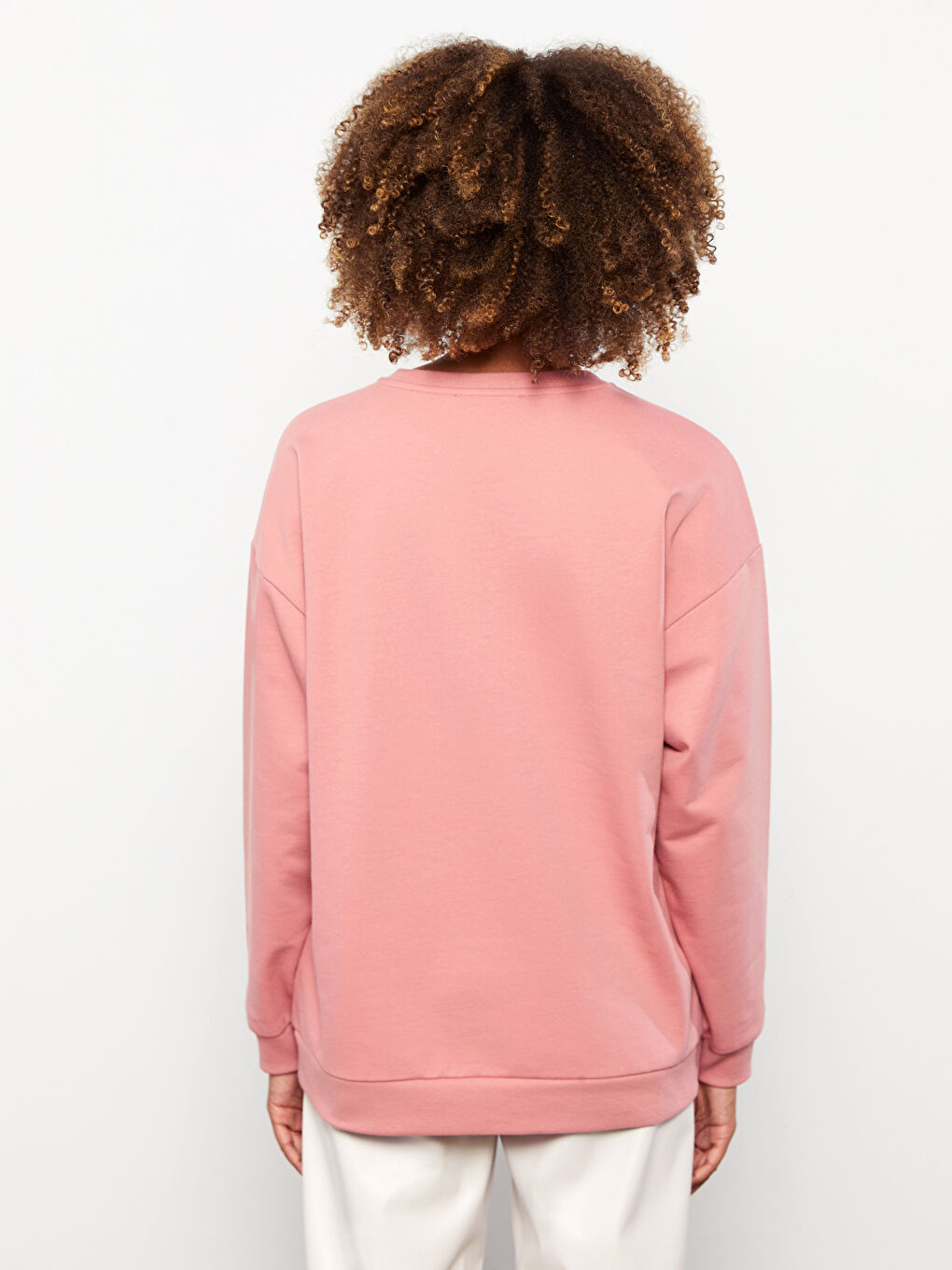 Pembe Bisiklet Yaka Baskılı Uzun Kollu Kadın Sweatshirt-3