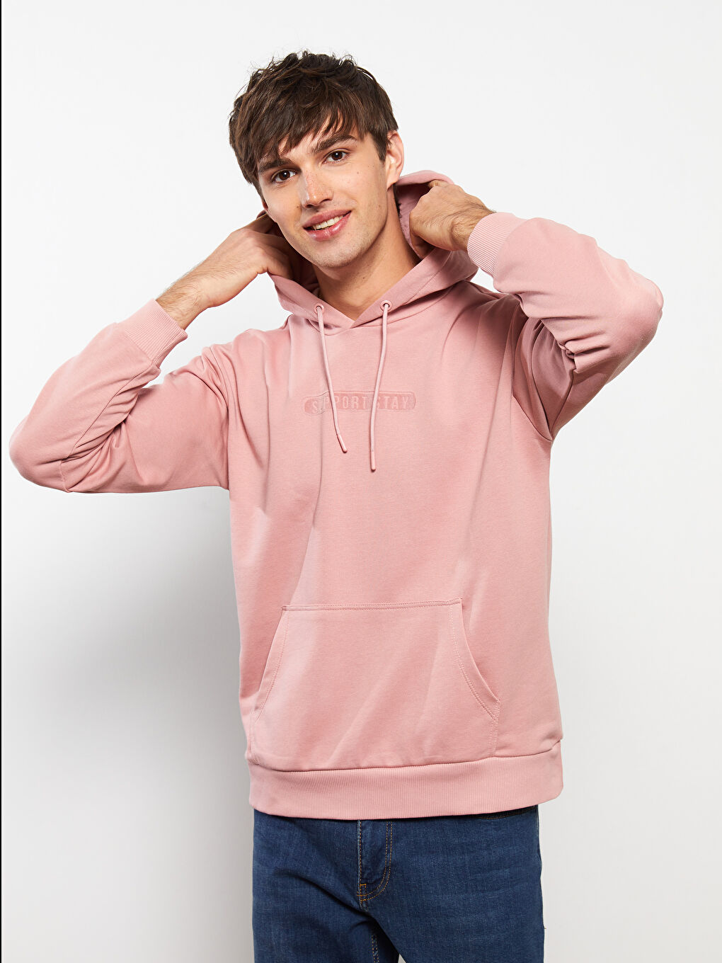 Pembe Uzun Kollu Baskılı Erkek Hoodie